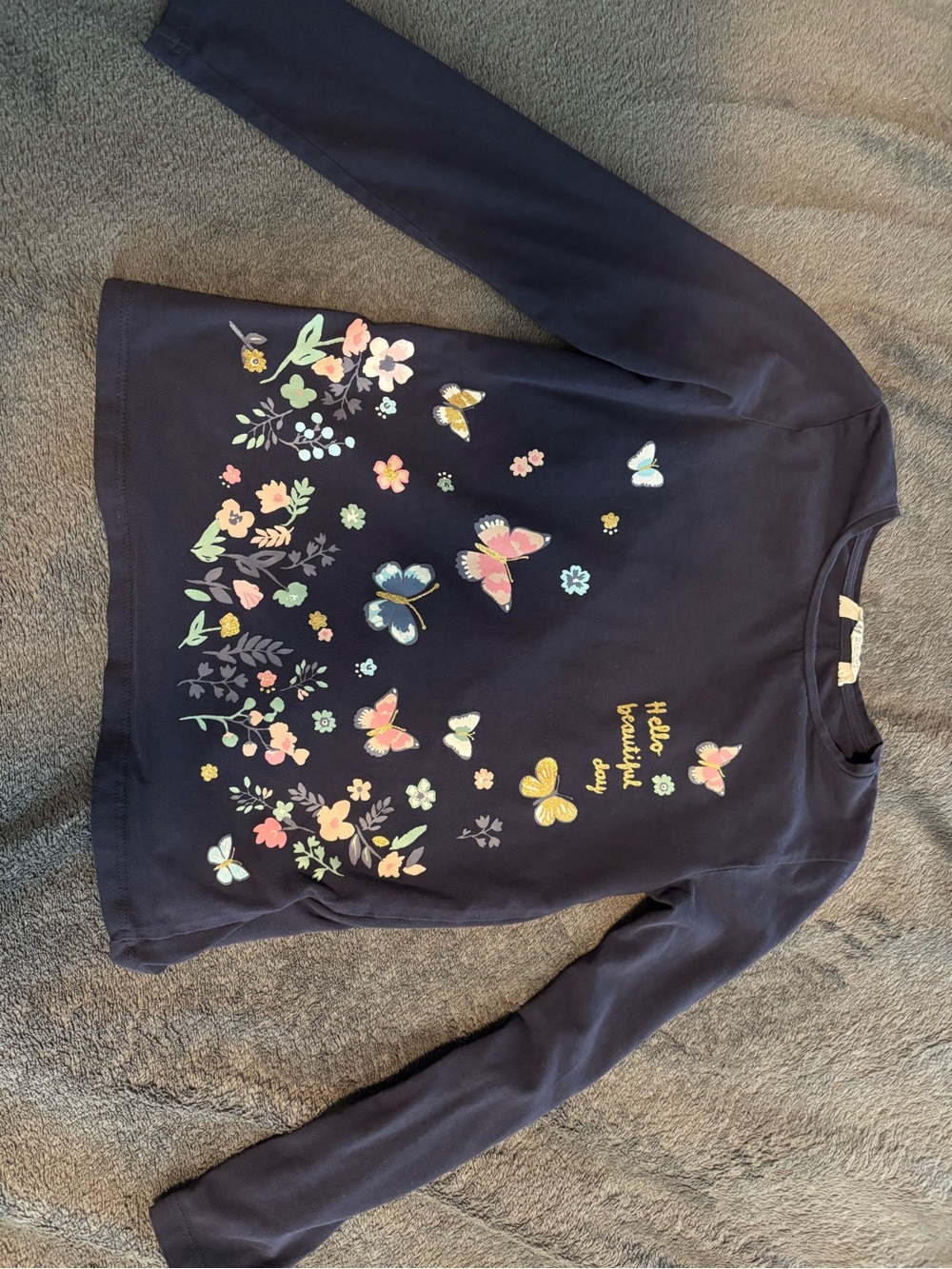 H&M Navy Long Sleeve Top with Pastel Floral & Butterfly Glitter Print